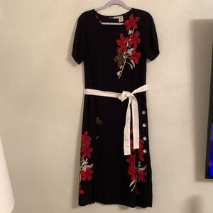 La Cera Black Printed Floral Maxi Rayon Belt Dress Size M
